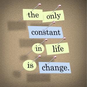 Pieces of paper each containing a word pinned to a cork board reading the only constant in life is change